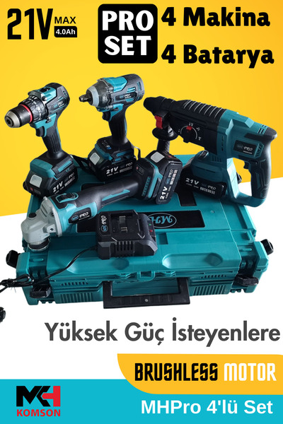 Genel Markalar 4’lü Set 21V 4Ah Matkap, Kırıcı Delici, Taşlama, Somun Sıkma T...
