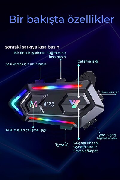 TUROVE MOTORSİKLET KASK KULAKLIK ÇİFT TELEFON BAĞLANTILI 5.3 BLUETOOTH RGB IŞIKLI