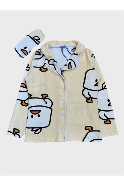 ALİŞ KİDS Boys' Cotton Fabric Suede Yellow Chick Patterned Sleep Banded Shirt Collar Pajama Set