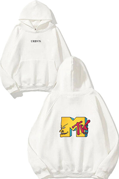 urbvn Mtv Design Printed Oversize White Hooded Sweatshirt