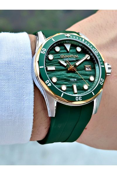 Quantum Special Design 10 Atm Green Color Sapphire Glass Silicone Cord Steel Case Men Wristwatch 1229.275