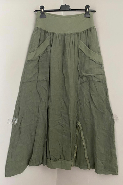 AYASOFYA OTANTIK Women's Italian Khaki Waisted Elastic Pocketed Leg Zipper Detailed Linen Long Skirt