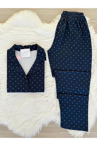 Pijamacs Navy Blue Polka Dot Patterned Long Sleeve Soft Feeling Pajama Set