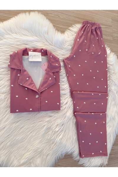 Pijamacs Dusty Rose Tiny Heart Pattern Long Sleeve Soft Feeling Pajamas Set
