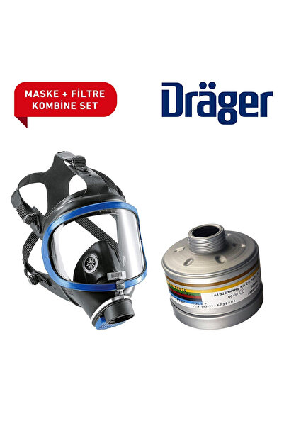Drager 6300 Tam Yüz Maskesi ve A1B2E2K1 HG CO NO P3 Filtre D Seti