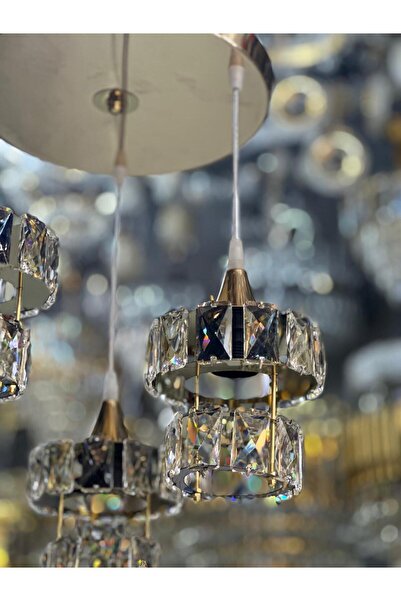 Avize Kristal 3 Lü Yuvarlak Gold Modern Sarkıt Mutfak Oturma Odası Salon Sarkıt Avize.