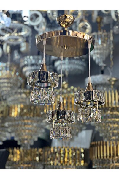 Avize Kristal 3 Lü Yuvarlak Gold Modern Sarkıt Mutfak Oturma Odası Salon Sarkıt Avize.
