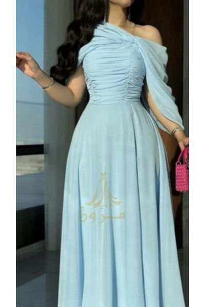 MEZON FASHION Soft Sky Blue Dress with Pleated Bodice