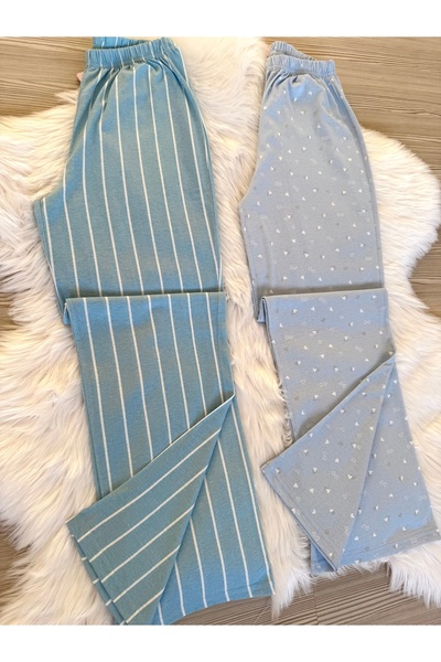 Pijamacs Mavi Mini Kalp ve Çizgili Desenli 2'li Pijama Altı