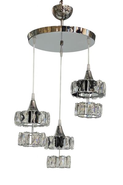 Avize Kristal 3 Lü Yuvarlak Gümüş Modern Sarkıt Mutfak Oturma Odası Salon Sarkıt Avize.