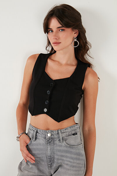 Lela Slim Fit Heart Collar Buttoned Thick Strap Crop Vest Vest 5865497
