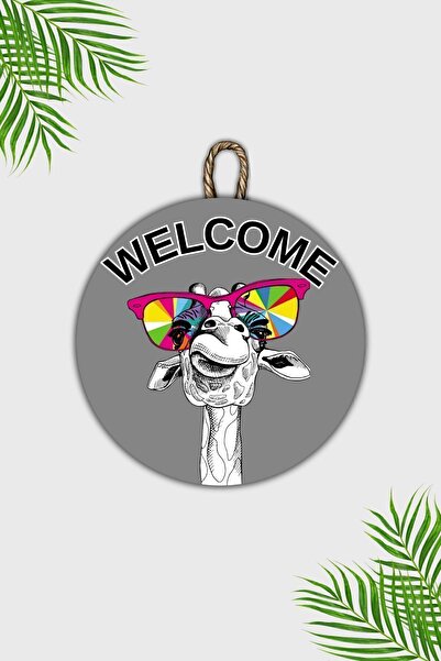 Dormot Сучасна дерев'яна прикраса для дверей - сірий фон Welcome Окуляри Лама Прикраса для дверей - зовнішня прикраса для дверей