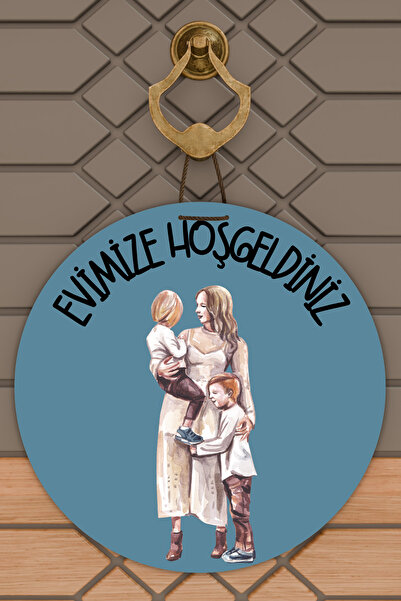 Dormot 1Ornament modern pentru ușă, albastru, doi copii, mamă, familie, ornam...