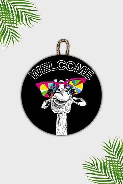 Dormot Сучасна дерев'яна прикраса для дверей - чорний фон Welcome Окуляри Лама Прикраса для дверей - зовнішня прикраса для дверей