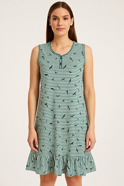 Fenne Khaki White Striped Bird Print Sleeveless Casual Dress – Buttoned Collar, Ruffled Hem