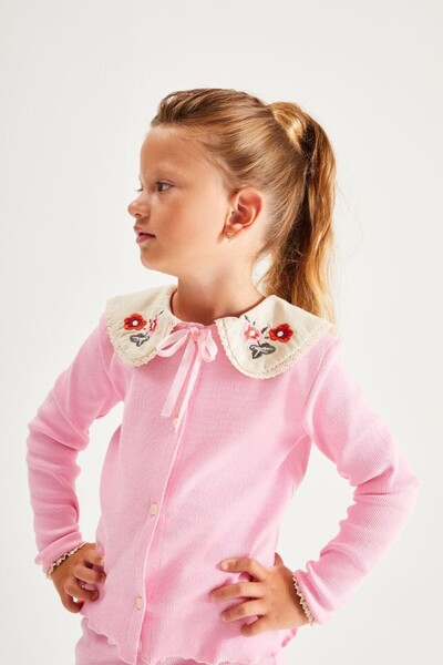 Pinkitokids Collar Embroidery Detailed Knitwear Girl's Cardigan and Leggings Set-Pink