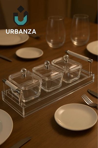 Urbanza 3-Piece Glass Serving Set with White Handle Tray – Elegant Table Organizer
