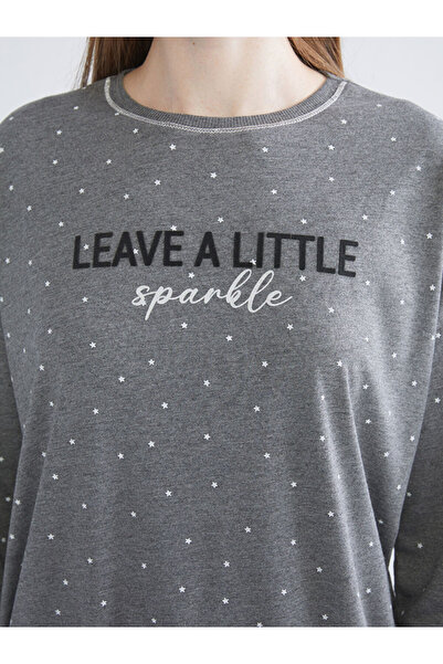 LC Waikiki Gri Bisiklet Yaka Baskılı Kadın Pijama Takımı