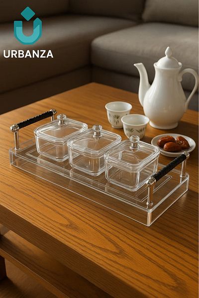 Urbanza 3-Piece Glass Serving Set with Black Handle Tray – Stylish Table Organizer