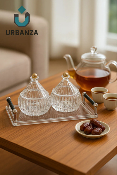 Urbanza 2-Piece Glass Serving Bowl Set with Tray – Stylish Dry Fruit & Nut Server