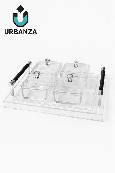 Urbanza 4-Piece Glass Serving Set with Black Handle Tray – Elegant Dining Organizer