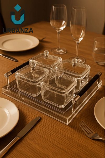 Urbanza 4-Piece Glass Serving Set with Black Handle Tray – Elegant Dining Organizer