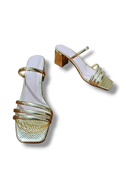 BARONES SHOES Women's Gold Color Thick Heeled Mirror Slippers