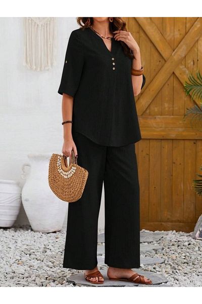 MODAVERA Women's Short Sleeve V Judge Collar Buttoned Wrinkle Blouse and Trousers Double Suit