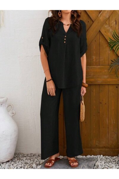 MODAVERA Women's Short Sleeve V Judge Collar Buttoned Wrinkle Blouse and Trousers Double Suit