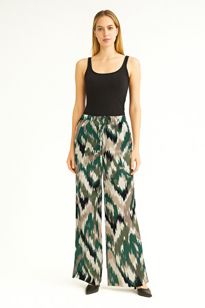 SheLoria Women's Green Ikat Patterned Tie Detail Elastic Waist Relaxed Fit Pa...