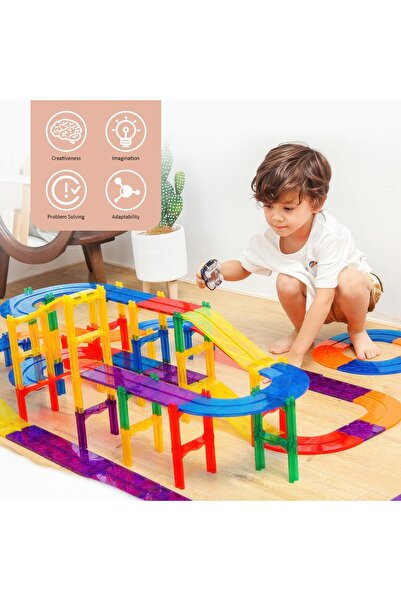 erorex Magnetic Building Blocks 97 Piece Magnetic Tiles Race Car Track Set 3D Diy Educational Toy Stem