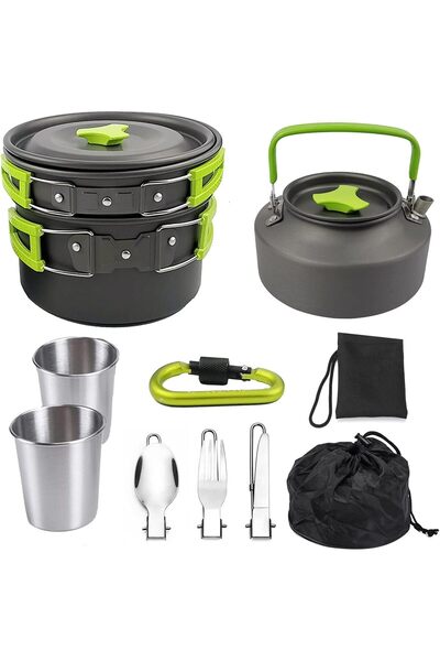 erorex 10Pcs Camping Cookware Mess Kit Non Stick Pot Pan Kettle Set Stainless Steel Cups Forks Knives