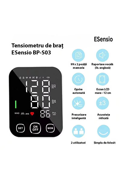 ESensio BP-S03 Tensiometru digital inteligent, afișaj XL, 99 memorii, detectare puls neregulat. cu baterii