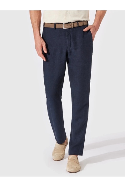 Hiltl Chino Navy Blue Pure Linen Regular Fit Trousers