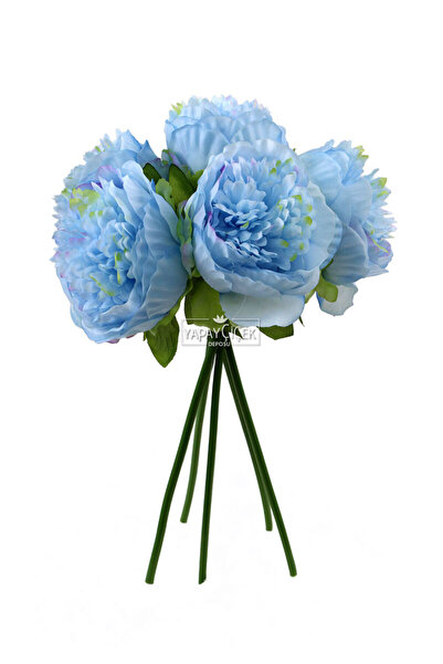 Yapay Çiçek Deposu Yapay Çiçek 5li Açmış Lüx Şakayık Gül Buketi Mavi