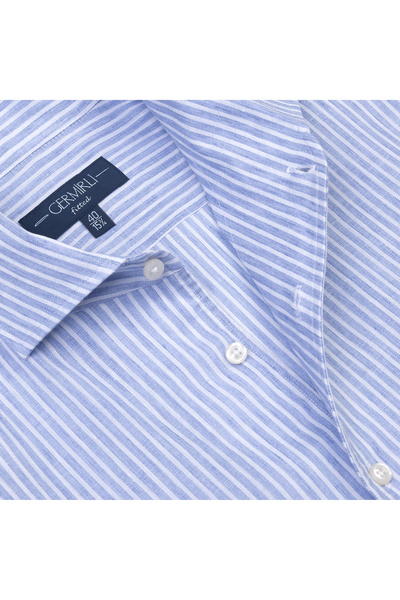 Germirli Albini Blue White Striped Nevapas Lapel Collar Linen Shirt