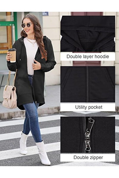 OEM Women's extra-long sweatshirt with zipper, hood and pockets, Black, M