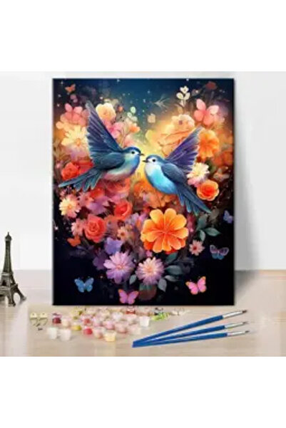 OEM Pictură pe pânză numerotată 40x50 cm, vopsea acrilică, pensule, suporturi de agățat, „Două păsări”