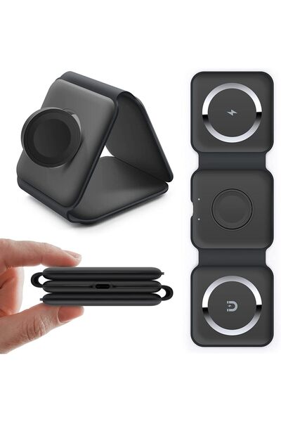 PADOM 3 in 1 Wireless Charger, Magnetic Foldable Charging Station, Fast Wireless Charging Pad (BLACK