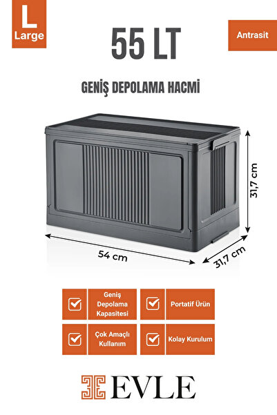 EVLE Çok Amaçlı Modüler Kasa, İstiflenebilir Organizer Düzenleyici 55 lt, 54 x 31,7 x 31,7 cm, Antrasit