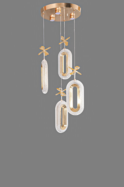 Turanconcept Doruk 4lü Modern Led Avize Gold Renk Kristal Görünüm Gün Işığı Enerji Tasarruflu Salon Yemek Odası