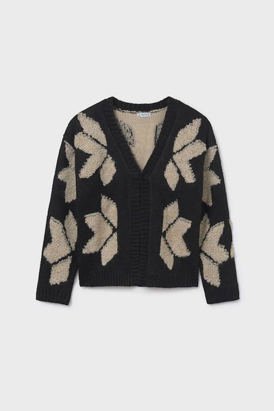 MAYORAL Girl's V-Neck Jacquard Patterned Knitwear Cardigan - Black/Beige