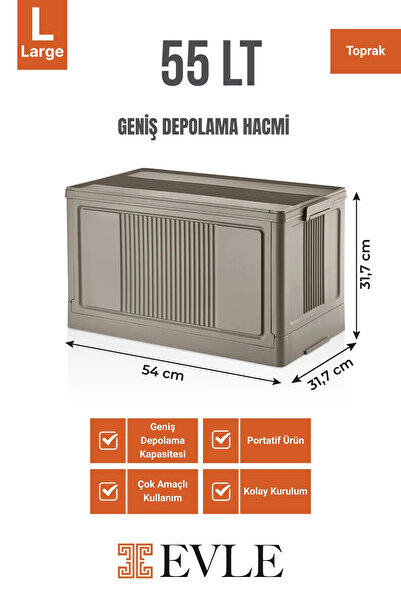 EVLE Çok Amaçlı Modüler Kasa, İstiflenebilir Organizer Düzenleyici 55 lt, 54 x 31,7 x 31,7 cm, Toprak