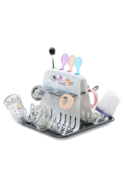 turtees رف تجفيف زجاجات الأطفال، 8 خطافات، 33 × 30 سم، أبيض مع قاعدة رمادية