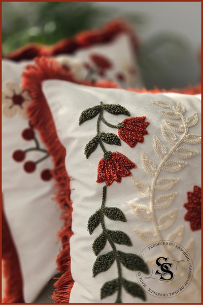 SasoHome Husă de pernă din in, cu model de broderie cu pumn de flori de frumusețe