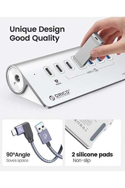 Orico موزع طاقة USB 3.2 Gen2 مزود بـ 7 منافذ (10 جيجابت في الثانية) مع محول 1×PD 60 واط، 24 فولت/3 أمبير — فضي