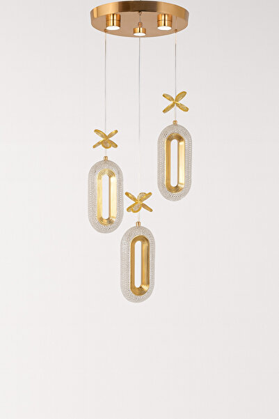 Fer Avize Doruk 3lü Modern Led Avize Gold Renk Kristal Görünüm Gün Işığı Enerji Tasarruflu Salon Yemek Odası