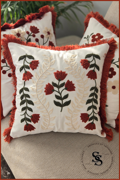 SasoHome Husă de pernă din in, cu model de broderie cu pumn de flori de frumusețe