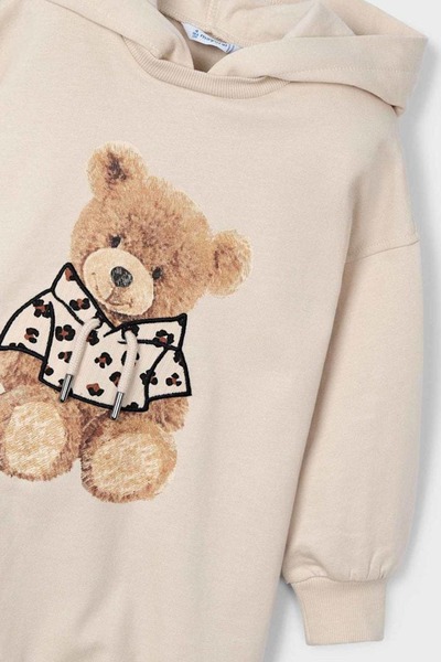 MAYORAL Dívčí mikinové šaty s kapucí a potiskem medvěda - béžové