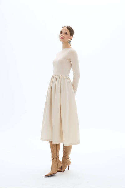 SevdeUgur Women's Maxi Length Stretchy Knitted Top and Poplin Skirt Stylish Cream Dress / Sevde Ugur